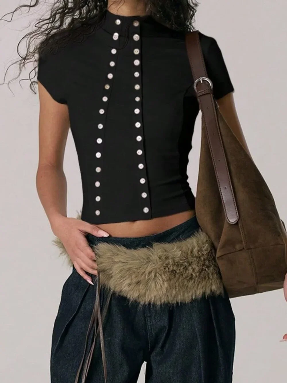 Black Elegant Women's Funnel Neck Fitted Asymmetric Top